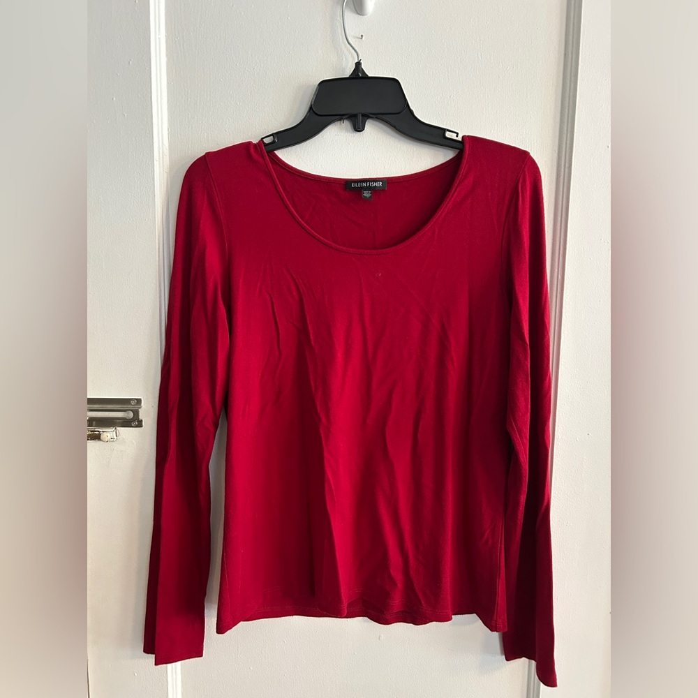 Eileen Fisher Red Fitted Long Sleeve Blouse